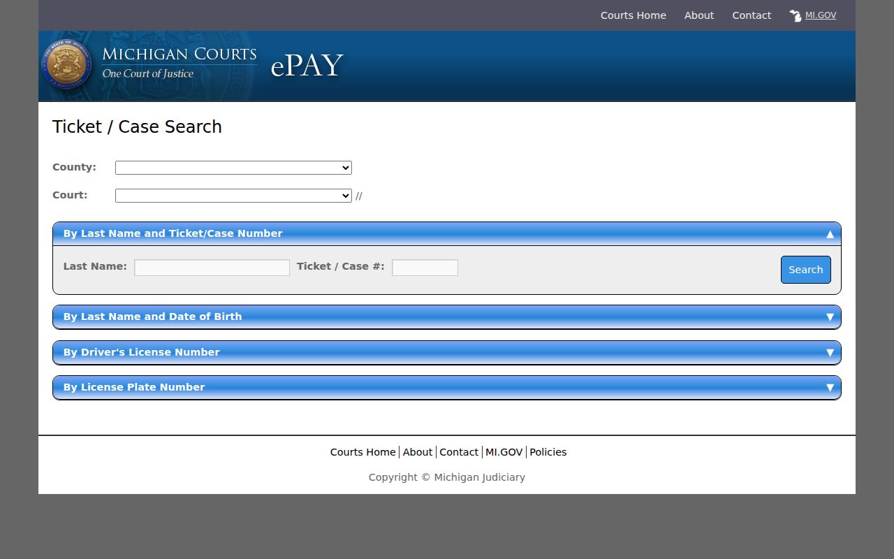 Schoolcraft County warrant records ticket search controls for citations filed in the district court