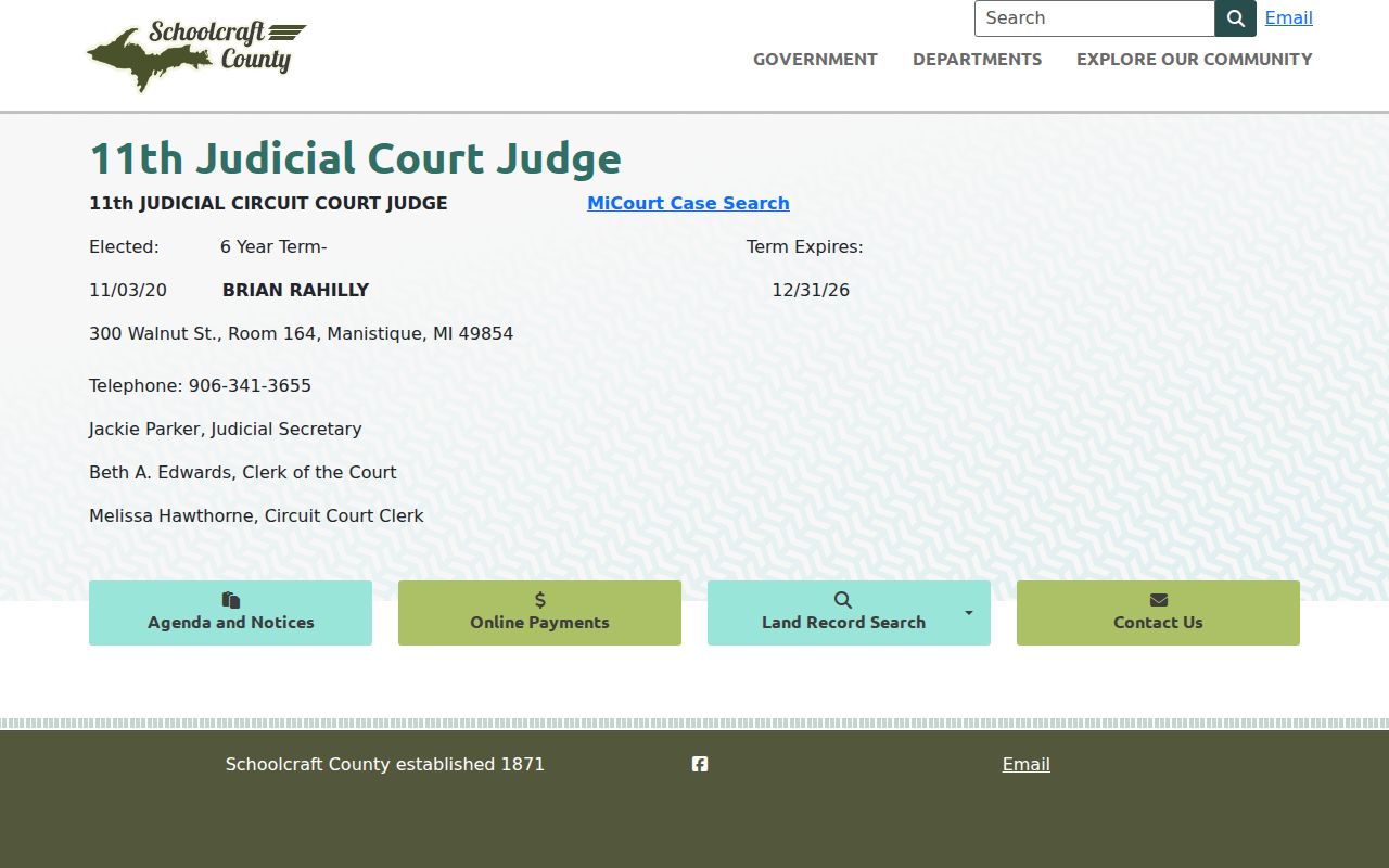 Schoolcraft County bench warrant records contact block for the 11th Circuit Court clerk