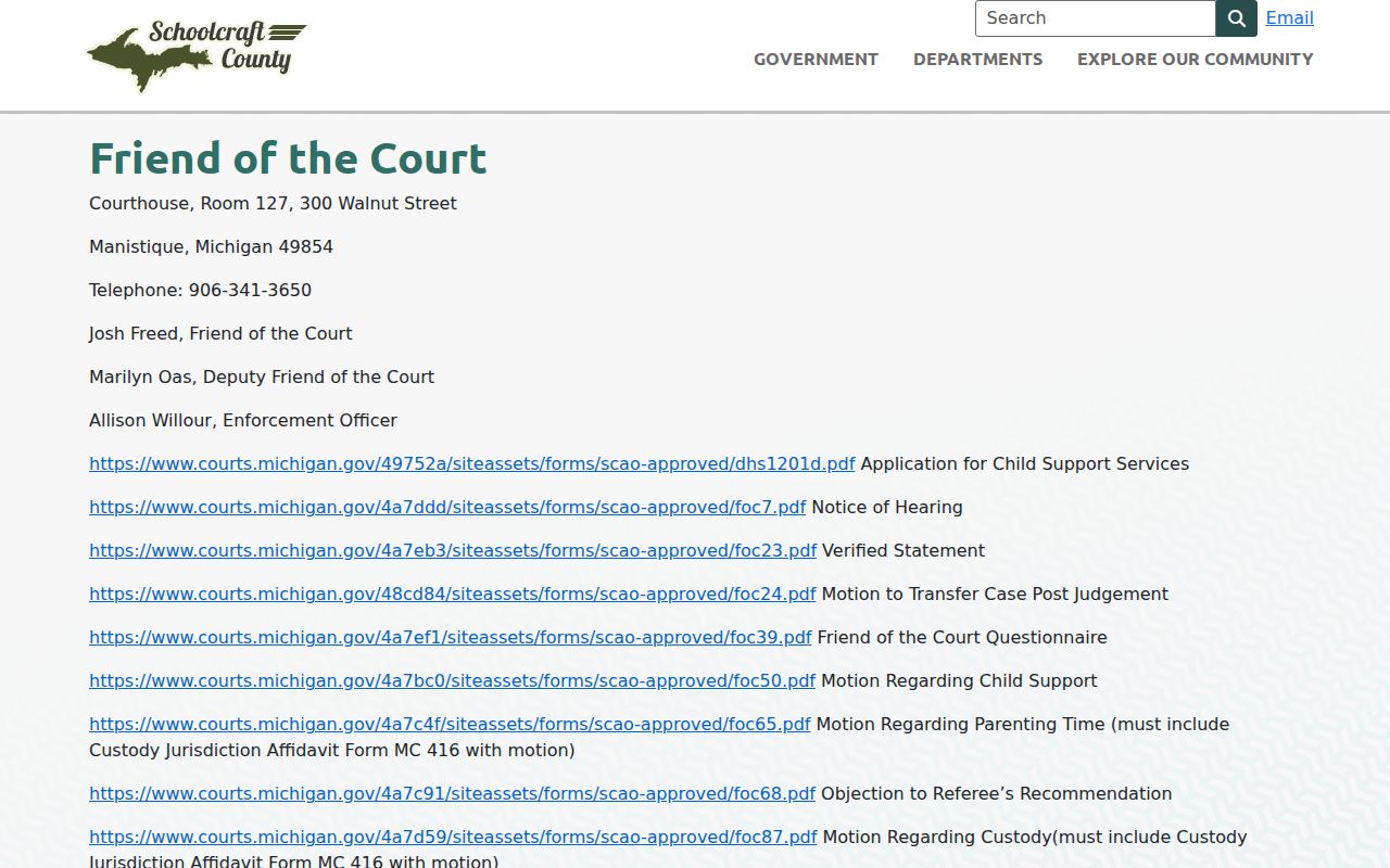 Schoolcraft County bench warrant records contact page for the Friend of the Court enforcement office