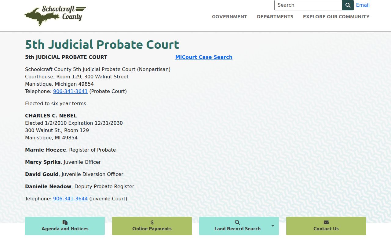 Schoolcraft County bench warrant records contact block for the probate and juvenile court office