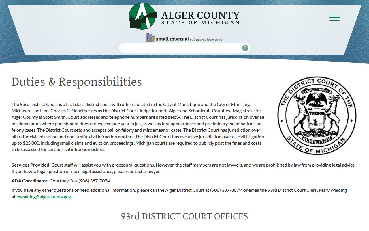 Schoolcraft County bench warrant records page for the shared 93rd District Court office