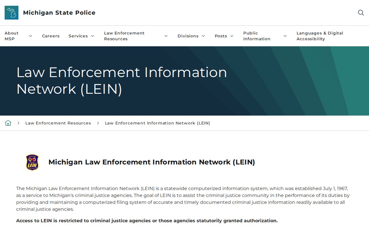 Schoolcraft County warrant records reference showing the restricted LEIN statewide system
