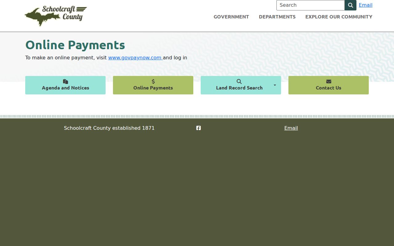 Schoolcraft County warrant records page showing the county online payment instruction