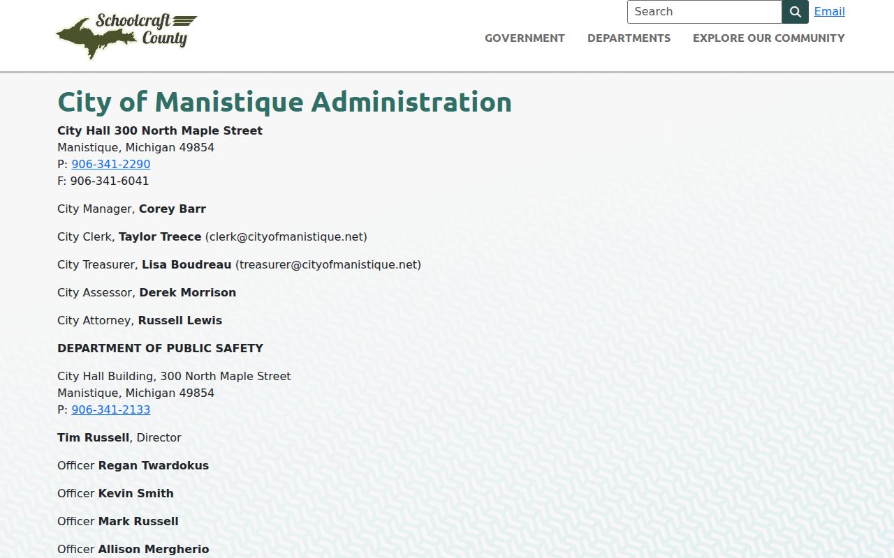 Manistique warrant records contact block for City Hall and the Department of Public Safety
