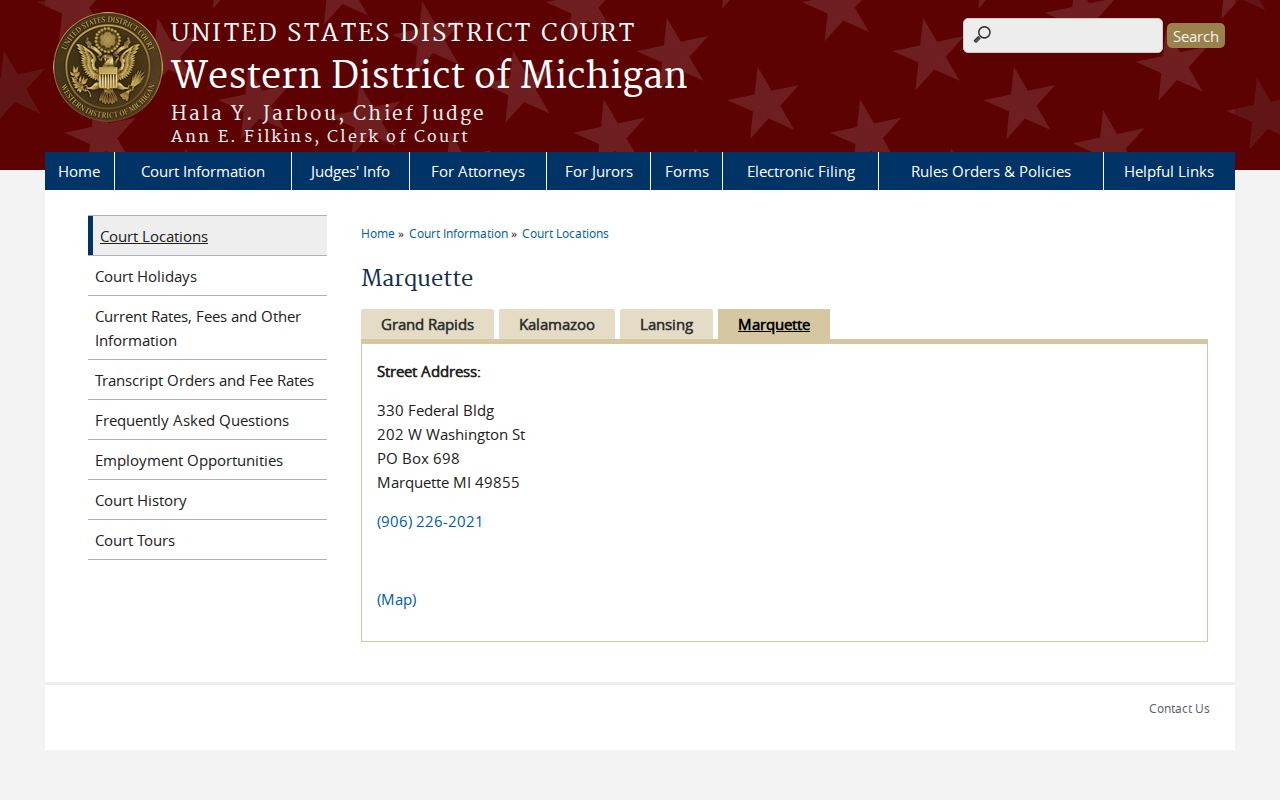 Schoolcraft County warrant records reference for the federal courthouse serving the district