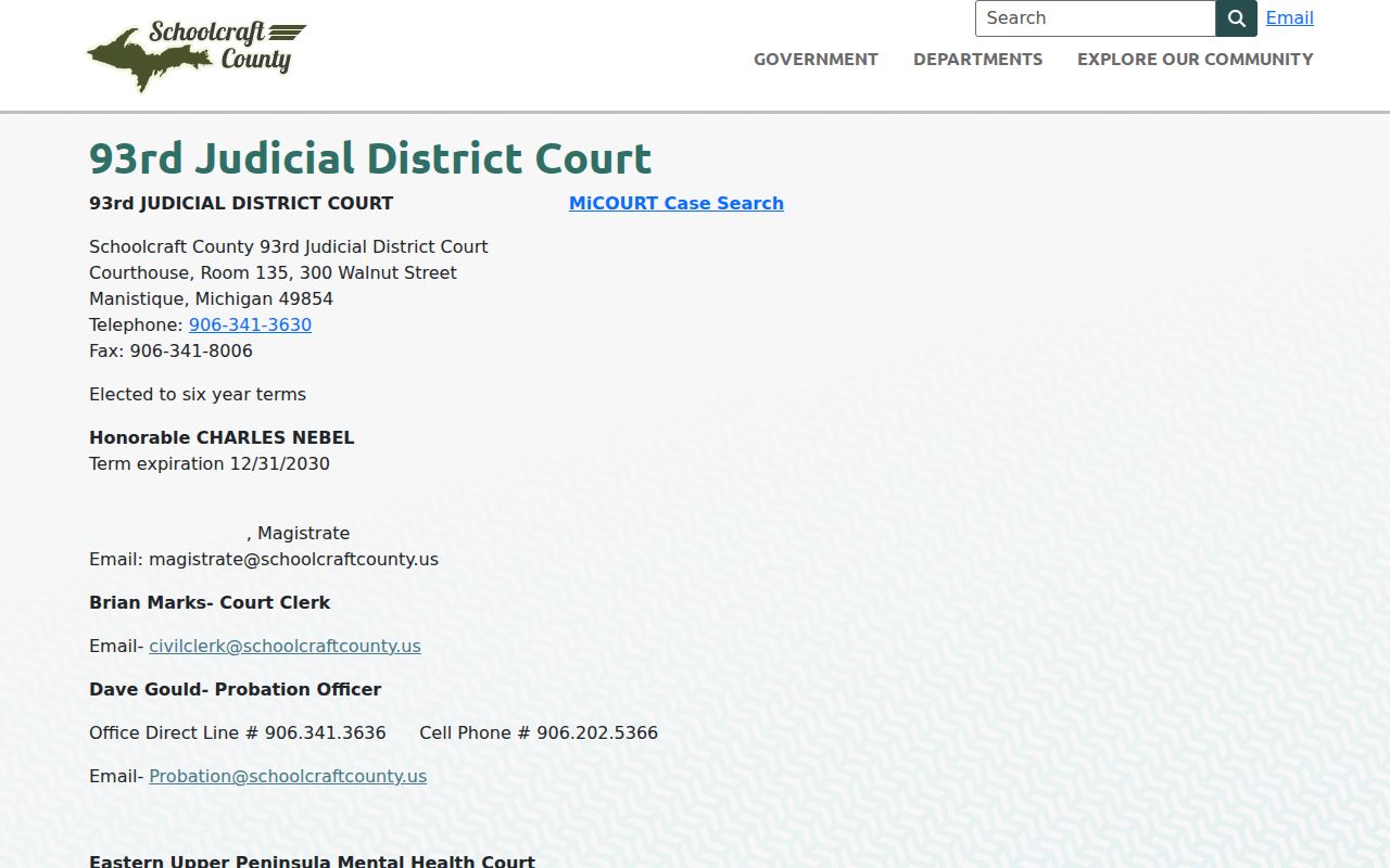 Schoolcraft County warrant records contact block for the 93rd District Court in Manistique