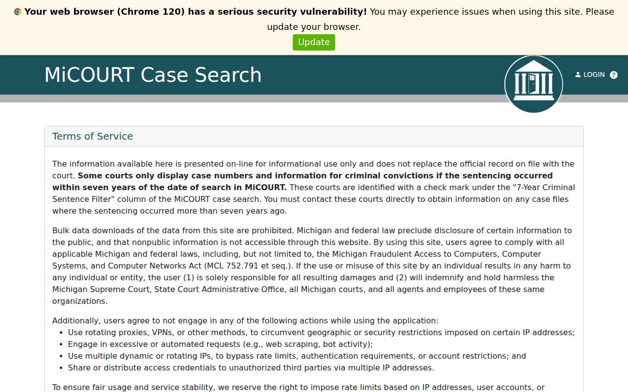 Schoolcraft County warrant records search frame for the 93rd District Court in MiCOURT