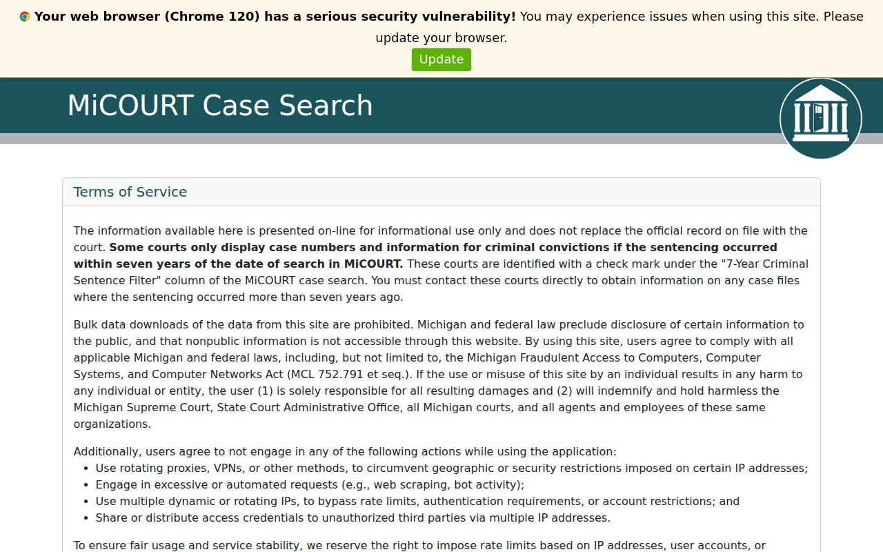 Schoolcraft County warrant records search page for the public MiCOURT case search