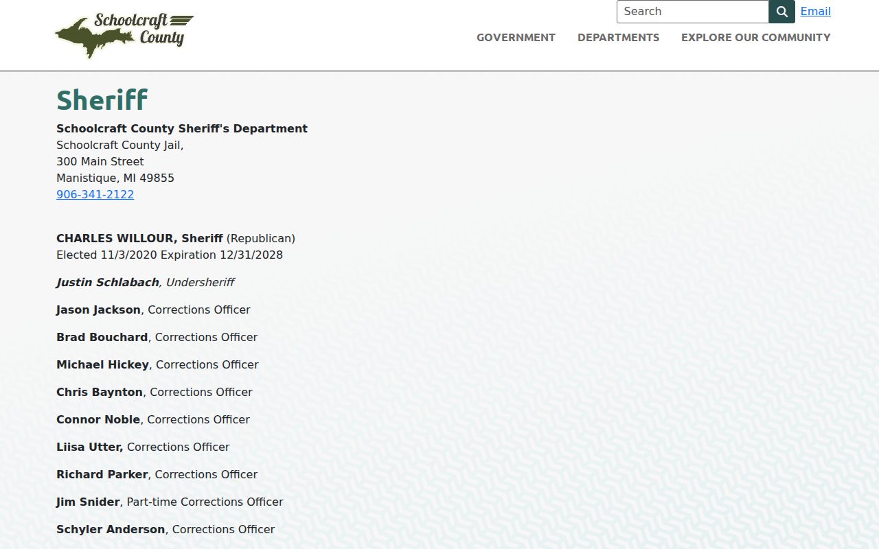 Schoolcraft County warrant records contact block for the sheriff and jail in Manistique